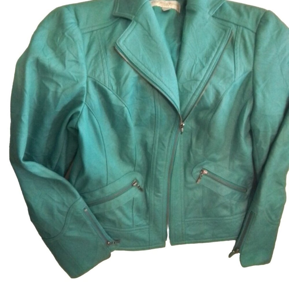 Woman Green Turquoise Lether Motorcycle Cropped Jacket Proportion Petit Bj1